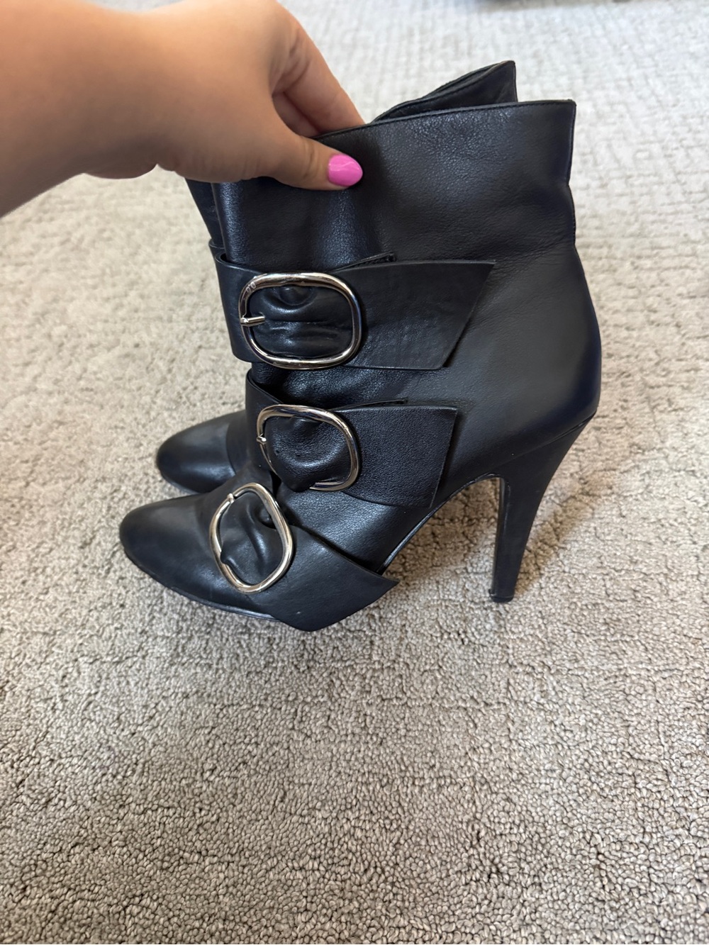 Women's Black Leather Triple-Buckle Stiletto Ankle Boots